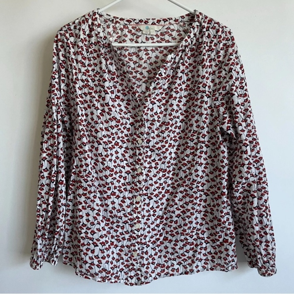 Boden Womens Red Floral Button-Up Long Sleeve Shirt Blouse Size 4  Cotton Linen